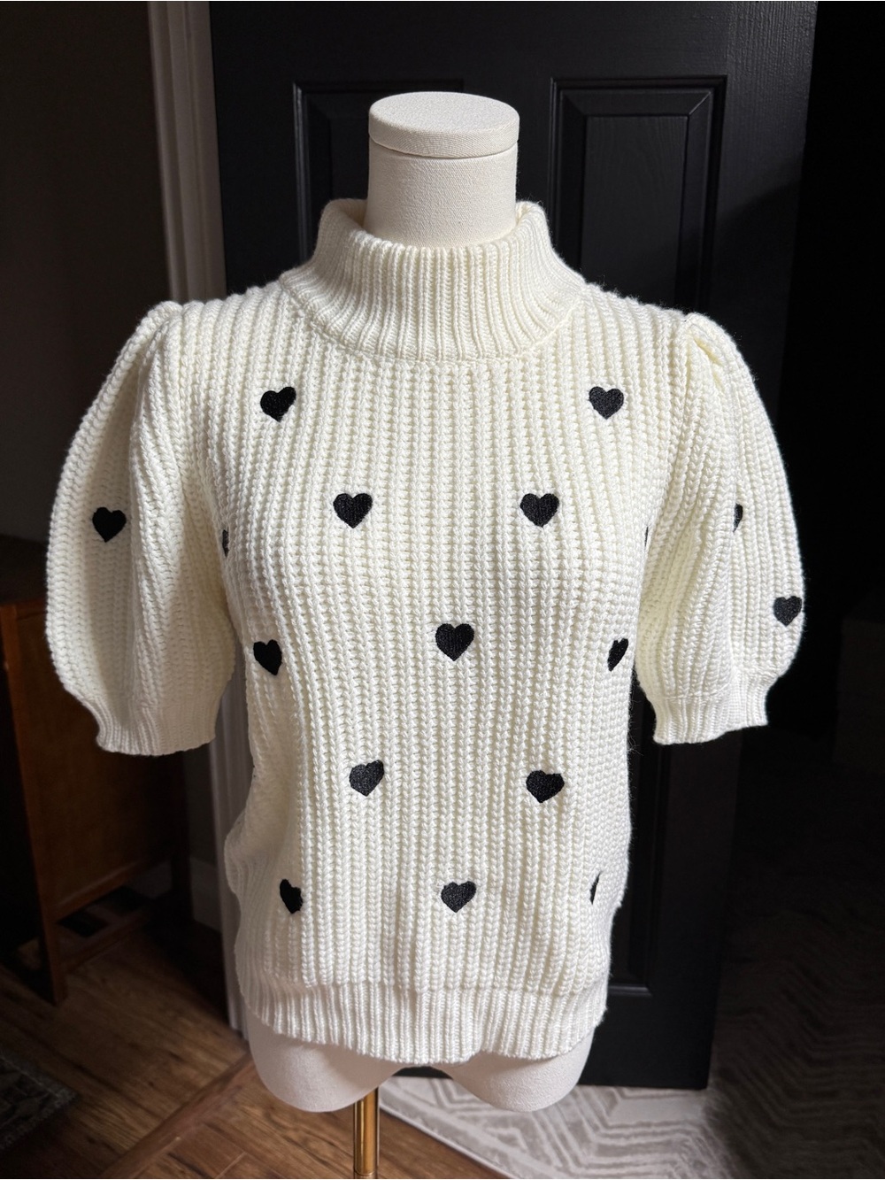 {English Factory} Cream Black Hearts Short Sleeve Mock Neck Knit Sweater WSW1